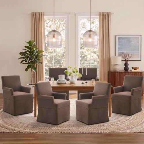 Arm Dining Chair Fabric Long Skirt Slipcovered High Back Upholstered Dinner - color: Brown, size: 6 PCS