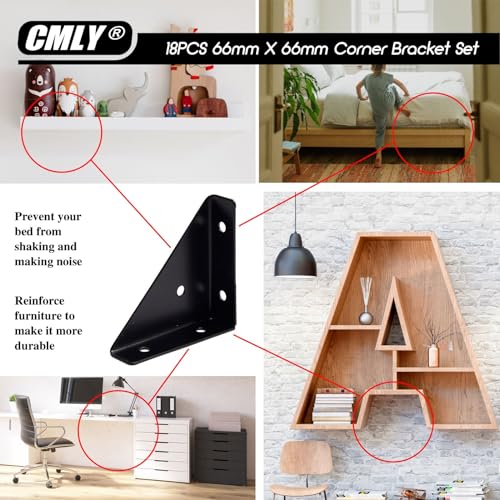 Corner Brace Brackets, 18Pcs 66mm x 66mm Black Corner Braces for Wood - size: Large, style: 18-Pack