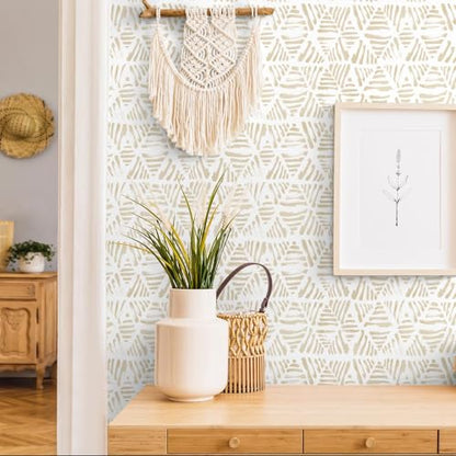 Peel and Stick Wallpaper Boho Wallpaper Geometric Beige and White Contact Paper Modern Striped Self-Adhesive Removable Wall Paper for Bedroom Cabinets Drawers Vinyl Roll 17.3" x 78.7" - color: Beige && White, size: 17.3" x 78.7"