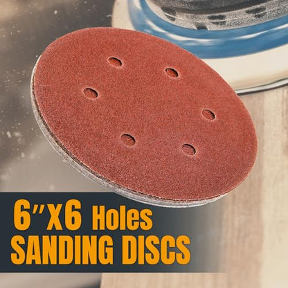 POWERTEC 40/80/120/220/320 Grit, 100 PK, 6 Inch Sanding Discs – Hook and Loop, 6-Hole Aluminum Oxide Orbital Sander Pads, Round Sandpaper for Random Orbital, Air, Pneumatic & DA Sanders (45200)