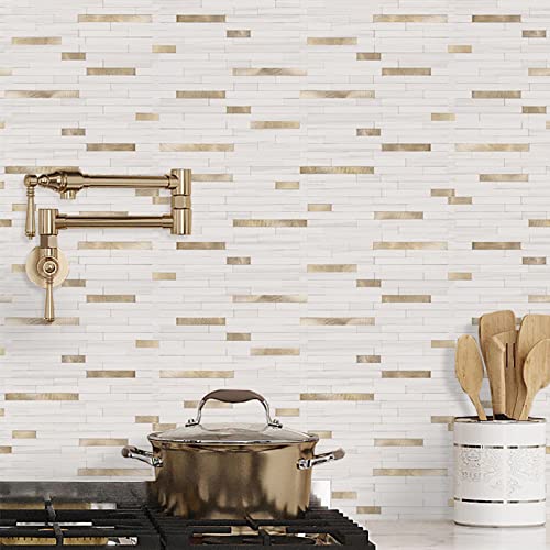 STICKGOO 20 Sheets Peel and Stick Backsplash Tile, Stick on Backsplash for Kitchen and Bathroom, Dolomite White Marble Look PVC Mixed Metal Gold Self Adhesive Wall Tiles - color: Dolomite White + Metal Gold