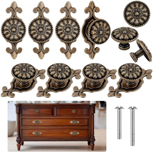 10 Pcs Antique Brass Cabinet Knobs Vintage Retro Drawer Knobs with Backplate Flower Shape Metal Dresser Pull Handles for Kitchen Cupboard Wardrobe Cabinet(Floral) - style: Floral