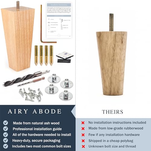 Airy Abode Premium Ash Wood Square Furniture Legs (Full Install Kit) - Pick Your Size and Color - color: Natural Ash Wood, size: 10 Inches