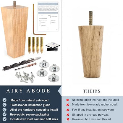 Airy Abode Premium Ash Wood Square Furniture Legs (Full Install Kit) - Pick Your Size and Color - color: Natural Ash Wood, size: 10 Inches