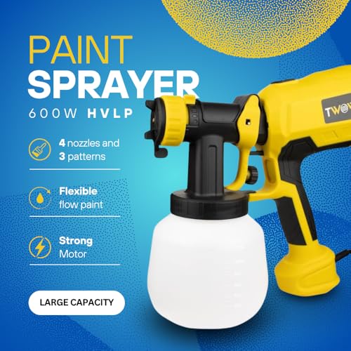TWOWS, Paint Sprayer, 600W, HVLP Paint Gun, with 1200Ml Container, Cleaning & Viscosity Cup,4 Copper Nozzles and 3 Patterns, for House, Walls, Furniture, Carbinets, Fence, Door etc, Easy to Clean.