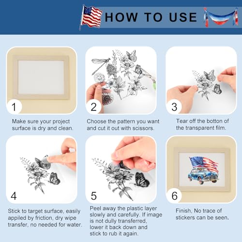 Whaline 12 Sheets Patriotic Rub on Transfer for Crafts Watercolor 4th of July Rub on Transfer Stickers Furniture Decals for 250th Anniversary Independence Day Party DIY Crafts, 5.5 x 5.5 Inch