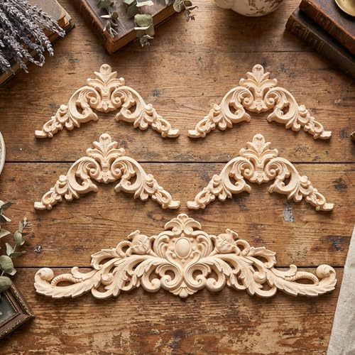 5 Pcs Wood Appliques Onlays for Furniture, Decorative Wooden Carved Unpainted Decals Wood Flowers Trim Embellishments for Bed Door Cabinet Wardrobe Wall Cupboard(Delicate Style)