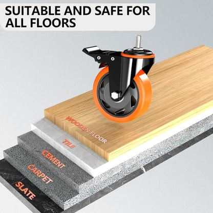 Caster Wheels Heavy Duty 3 Inch Stem Caster 1/2"-13 x 1(Stem Diameter 1/2", Stem Length 1"), Safety Locking Caster Set of 4, Industrial Castor Wheels for Cart,Furniture - size: 3 Inch_1/2"-13x1"