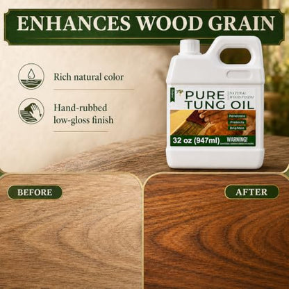 32oz 100% Pure Tung Oil for Wood, Food-Safe Waterproof Tung Oil with Towel - size: 32 Fl OZ