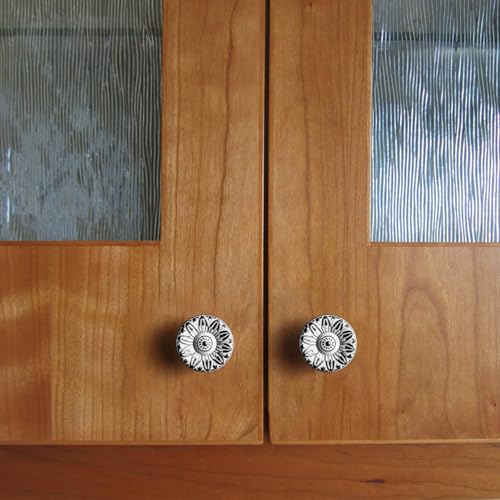 6 Pack Distressed Black & Cream Cabinet Knobs, Floral Drawer Pull - color: Distressed Black & Cream