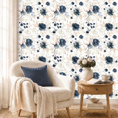 Navy Blue Floral Peel and Stick Wallpaper 17.7"x78.8" - color: Navy Blue/White/Gold/Beige, size: 17.7" x 78.8"