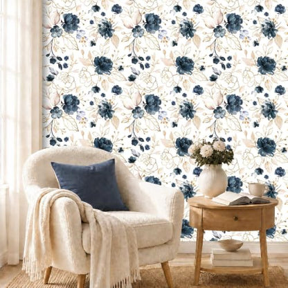 Navy Blue Floral Peel and Stick Wallpaper 17.7"x78.8" - color: Navy Blue/White/Gold/Beige, size: 17.7" x 78.8"