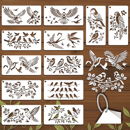 12 Sheets Birds-Themed Stencils for Painting, 12 Styles Swallows Orioles Leaves Branches Drawing Templates Vintage French Sign Plastic Art Templates for Painting on Wall Wood Home Decor - style: Birds