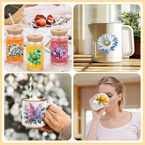 UV DTF Cup Wraps for 16 oz Glass Cups- 20 Sheets Flower Uvdtf Cup Wraps Vinyl Decals for Tumblers, Rub on Transfers for Crafts, Cold Transfer Stickers for Bookmarks, Wood Furniture, Water Bottles - style: Flower