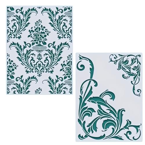 2Pcs Brocade Floral Wall Stencils Template Reusable Spray PaintStencils for Craft Painting on Wood Craft Canvas Walls Wood Furniture Decorations DIY Scrapbooking, kbatuo-001