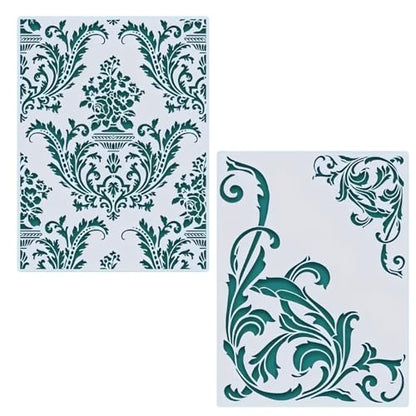 2Pcs Brocade Floral Wall Stencils Template Reusable Spray PaintStencils for Craft Painting on Wood Craft Canvas Walls Wood Furniture Decorations DIY Scrapbooking, kbatuo-001