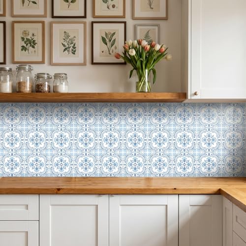 30 Pack, 4x4 Inch Classic Portuguese Azulejo Tile Decals, Blue and White Peel and Stick Vinyl for Backsplash, Stairs & Furniture (Light Blue) - color: Light Blue