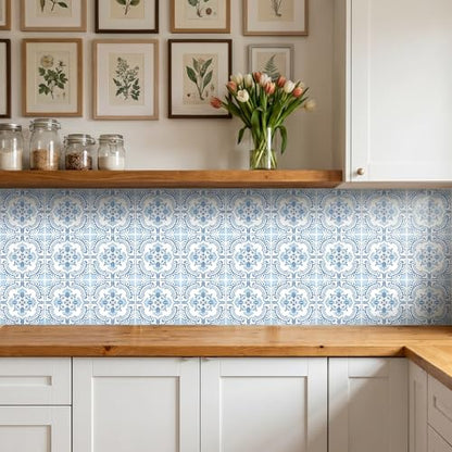 30 Pack, 4x4 Inch Classic Portuguese Azulejo Tile Decals, Blue and White Peel and Stick Vinyl for Backsplash, Stairs & Furniture (Light Blue) - color: Light Blue