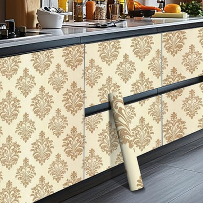 HOMETITUTE Beige Gold Damask Peel Stick Wallpaper 118.1x17.7 Inch Vinyl - color: Gold Damask on Beige Background