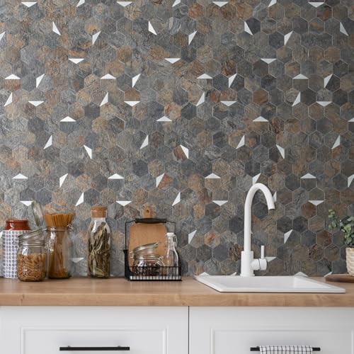 DICOFUN 1-Sheet 12"x12" Rust Slate Hexagon Tile Peel and Stick Backsplash, PVC Mixed Silver Metal Mosaic Tiles for Kitchen and Bathroom - color: Rust Slate + Silver Metal Chip, size: 1 Sheet, 12''x12''x0.12''