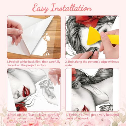 Peacoblue Woman Face Flowers Rub On Transfers for Furniture 6"x12" - style: Black Sketch Woman Face Red Flowers