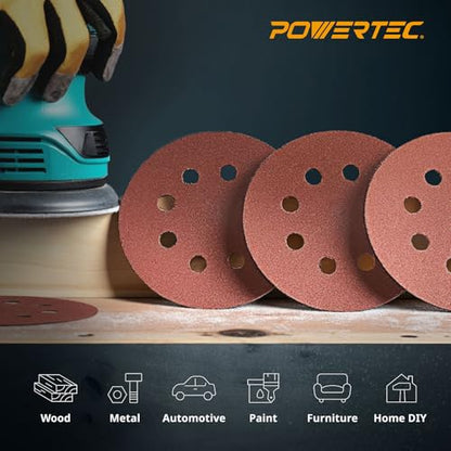 POWERTEC 100PK, 40/80/120/220/320 Grits, 5 Inch 8 Hole Hook and Loop Sanding Discs, Aluminum Oxide Sandpaper Discs, Woodworking Sanding Pads for Random Orbital, Palm, Air & Pneumatic Sander (45000)