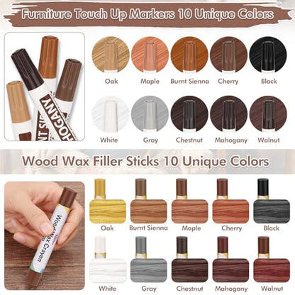 46PCS Wood Furniture Repair Kit, Furniture Touch Up Markers with Wood Fillers, Putty & Beeswax for Scratches, Cracks, Holes, Floors, Tables, Cabinets & Doors