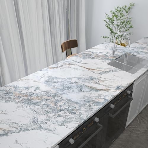32"x354" Large White Bule Marble Paper Thick Vinyl Granite Adhesive Waterproof peel and stick Wallpaper Textured kitcheh Barthroom Countertops Contact Paper Wall Sticker Top Wall Mural Backsplash Wrap - color: Bule White Gold, size: 32" x 354"