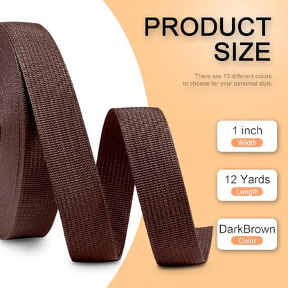 CooBigo 12 Yards Webbing 3/4" & 1" & 1.5" & 2" Polypropylene Webbing Strap 3/4 Inch 1 Inch 1.5 Inch 2 Inch Wide Webbing Strapping for Bags/Lawn Chair/Pool Solar Cover DIY Crafting - color: DarkBrown, size: 1"- 12 Yards