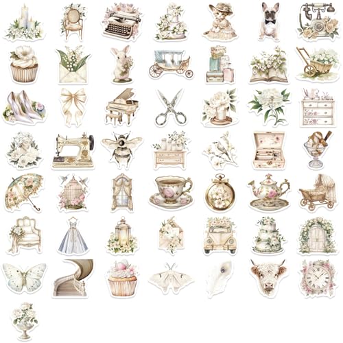 50pcs Cute White Aesthetic Stickers Cute Vinyl Laptop Decals, Waterproof White Renaissance Aesthetic Stickers, Pack for Girls Water Bottles Laptop Computer Phone Guitar - color: White