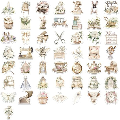 50pcs Cute White Aesthetic Stickers Cute Vinyl Laptop Decals, Waterproof White Renaissance Aesthetic Stickers, Pack for Girls Water Bottles Laptop Computer Phone Guitar - color: White