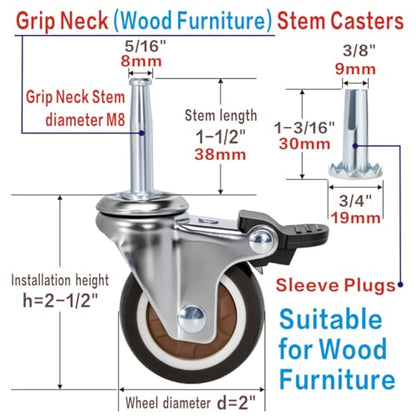 JGJC 2" Non-Marking Rubber Caster Wheels 4-Pack, 5/16"×1-1/2" M8 Stem