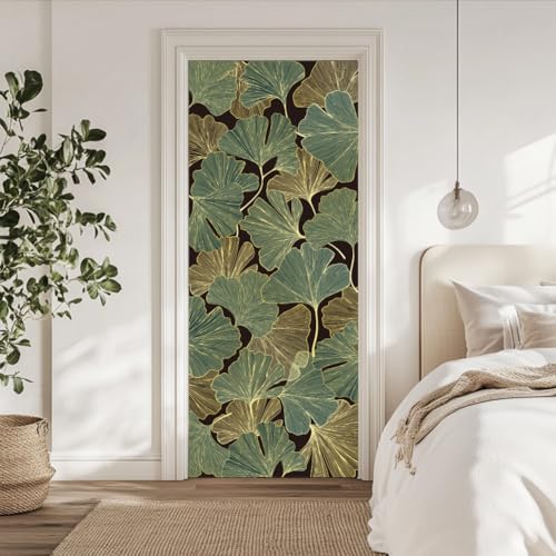 arricraft 2 Sheets Ginkgo Self-Adhesive Door Sticker, 31.5x78.7inch Golden and Green Ginkgo Door Murals Stickers PVC Removable Wallpaper Decoration for Bedrooms Living Room - style: Green Ginkgo