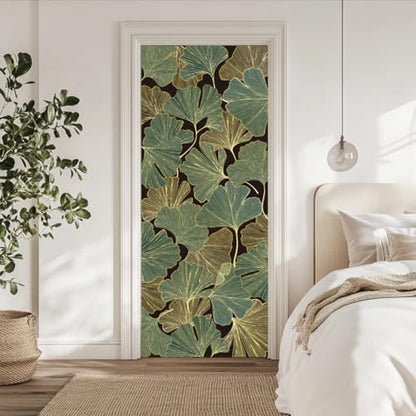 arricraft 2 Sheets Ginkgo Self-Adhesive Door Sticker, 31.5x78.7inch Golden and Green Ginkgo Door Murals Stickers PVC Removable Wallpaper Decoration for Bedrooms Living Room - style: Green Ginkgo