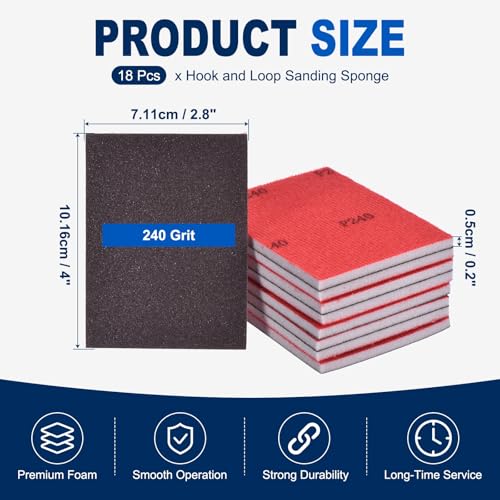18Pcs 240Grit Sanding Sponges, 4x2.8In Hook & Loop Black - size: 240 Grit
