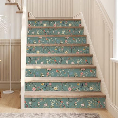 CHIHUT Bird Floral Wallpaper Peel and Stick Chinoiserie Contact Paper - color: Dusty Teal Blue, size: 17.7" x 236"