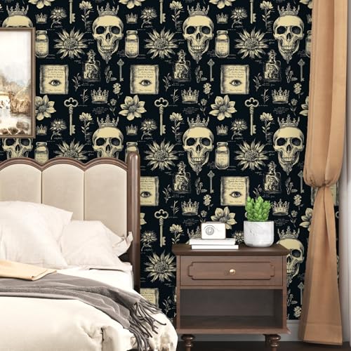 Laatse Gothic Black Beige Skull Floral Wallpaper Peel and Stick 17.5"x393" - color: Black&Grey, size: 17.5" x 393"