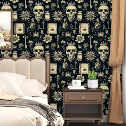 Laatse Gothic Black Beige Skull Floral Wallpaper Peel and Stick 17.5"x393" - color: Black&Grey, size: 17.5" x 393"