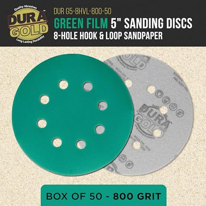 Dura-Gold 5" Green Film Sanding Discs, 800 Grit, 8-Hole, Box of 50, H & L - style: 800 Grit