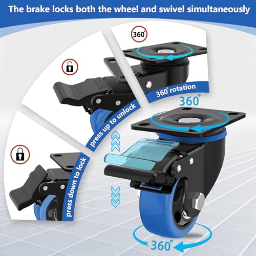 3 Inch Caster Wheels,Swivel Casters Set of 4 Heavy Duty with Safety Dual Locking,Plate Casters with Double Ball Bearings, Industrial Castor Wheels for Furniture,Workbench(Free Hardware Kits)