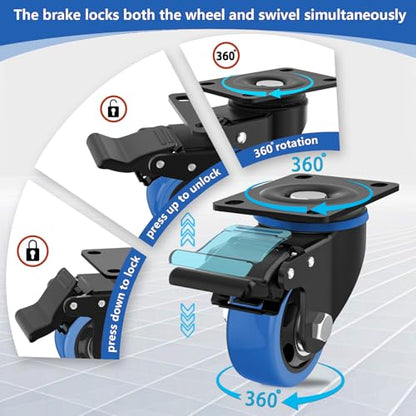 3 Inch Caster Wheels,Swivel Casters Set of 4 Heavy Duty with Safety Dual Locking,Plate Casters with Double Ball Bearings, Industrial Castor Wheels for Furniture,Workbench(Free Hardware Kits)