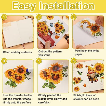 12 Sheets Sunflower Rub on Transfer Flower Decor Transfer Stickers Spring Fall Holiday Rub on Decals for Christmas Wood Furniture and Craft Journal Envelope Scrapbooking, 5.9 x 5.9 Inch - style: Sunflower