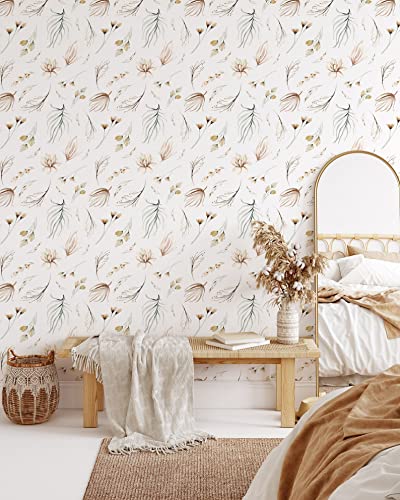 Modern Botanical Wallpaper | Removable Self Adhesive Watercolor Wallpaper | Neutral Floral Peel and Stick (1 roll 24" W x 96" H) - size: 24" x 96"