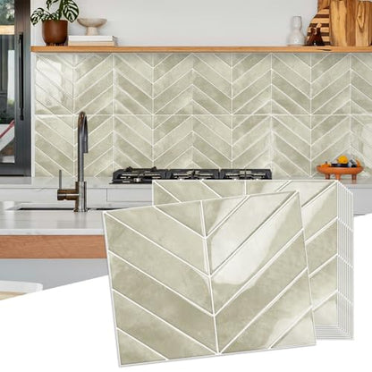 10-Sheet Herringbone Peel and Stick Backsplash Tiles, Beige - color: Beige