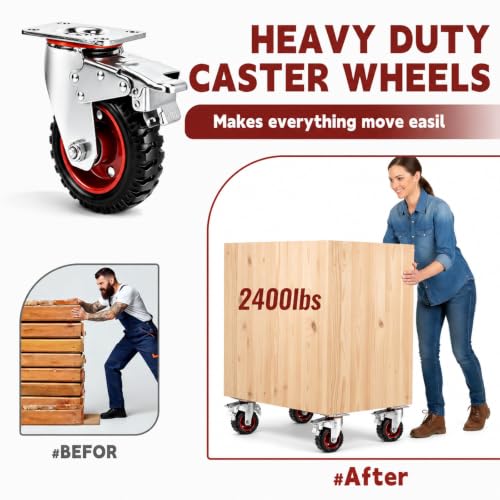 6 Inch Caster Wheels Heavy Duty, Casters Set of 4 Safety Dual Locking Rubber Wheels, 3200LBS Capacity Industrial Swivel Casters for Workbench, Cart, Furniture, Smooth Rolling, with mounting Hardware - size: 6 Inches