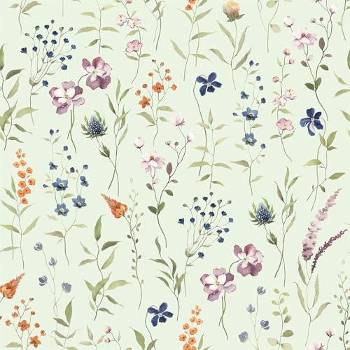 HLNIUC Flower Wallpaper,Floral Wall Papers Self Adhesive,Green Wallpaper Bedroom(44x300cm) Light Green Botanical Wall Paper,Plants Flower Leaf Wallpapers for Cabinets Countertops Covering - color: Flower 3