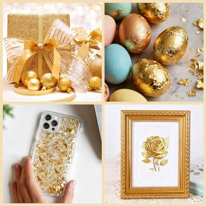 400Pcs Gold Leaf Sheets, 5.1"x5.1" Imitation Transfer Gold Leaf Sheets for Art, No Edible Glitter Gold Flakes Foil Paper Sheets for Nail Painting Jewelry Furniture Renovation & Gilding DIY Crafts