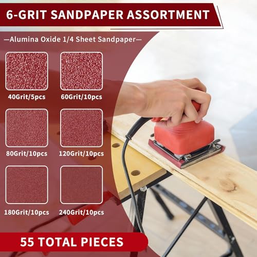 55 Pcs 1/4 Sheet Sandpaper,4-1/2 x 5-1/2 Inch 40 60 80 120 180 240 Grit - style: 55pcs P40 60 80 120 180 240