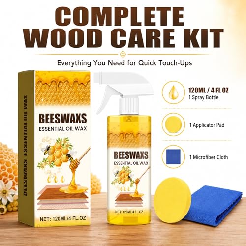 Beeswax Wood Polish Spray, Beeswax Essential Oil Wax, Deep Restore Furniture Cleaner for Cabinets, Hardwood Floors, Tables & All Wood Surfaces, Non-Greasy Formula (1)