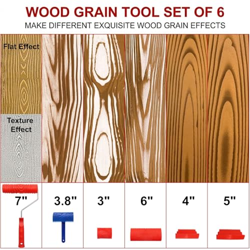 DEAYOU 6 PCS Wood Grain Tool Set, 7" Fake Wood Graining Roller, Soft Rubber Wood Textured Pattern Paint Tool with Handle for Wall Floor Furniture Art Painting DIY Room Decoration